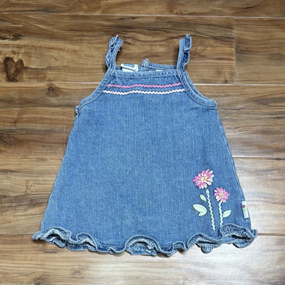 Y2K Vintage Blue Denim Dress Embroidered Flowers Ruffles Retro Cherokee Baby 3M